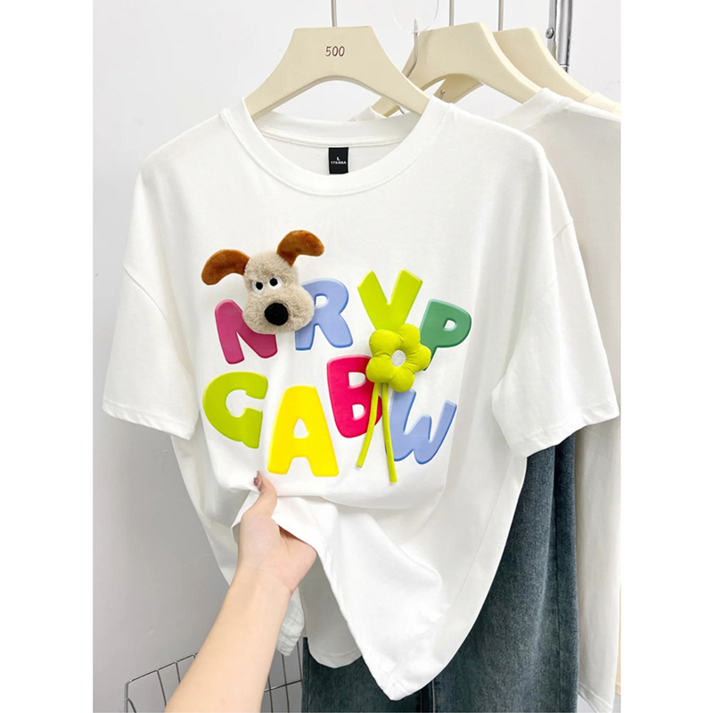 European Goods Short-Sleeved T-shirt for Women Pure Cotton Summer New Arrival Loose All-Match Cartoon Stereo Print Mid Length Long Length Plus Size Tops