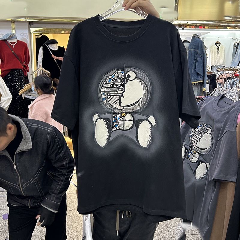 1.00 Kg-150.00 kg Super Plus Size Summer New Arrival Fashion Brand All-Matching Casual Cartoon Cat T-shirt Short Sleeve Loose Mid Length Long Length Tops