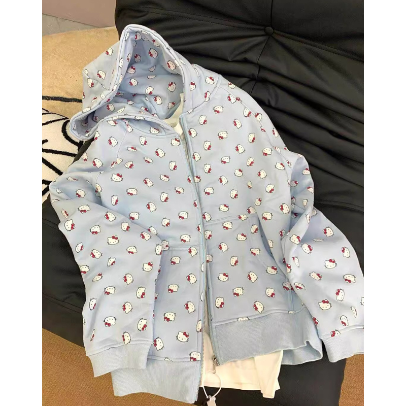 Plus Size 1.00 Kg-150.00 kg Light Blue Full Print Cute Hooded Sweatshirt Men and Women Autumn American Lazy Couple Cardigan Outwear