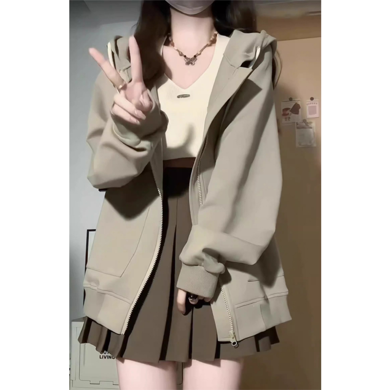 American Retro Oversize Hooded Zip Cardigan Sweatshirt Outwear Female Fall and Winter 2024 New Arrival Versatile Baseball Uniform