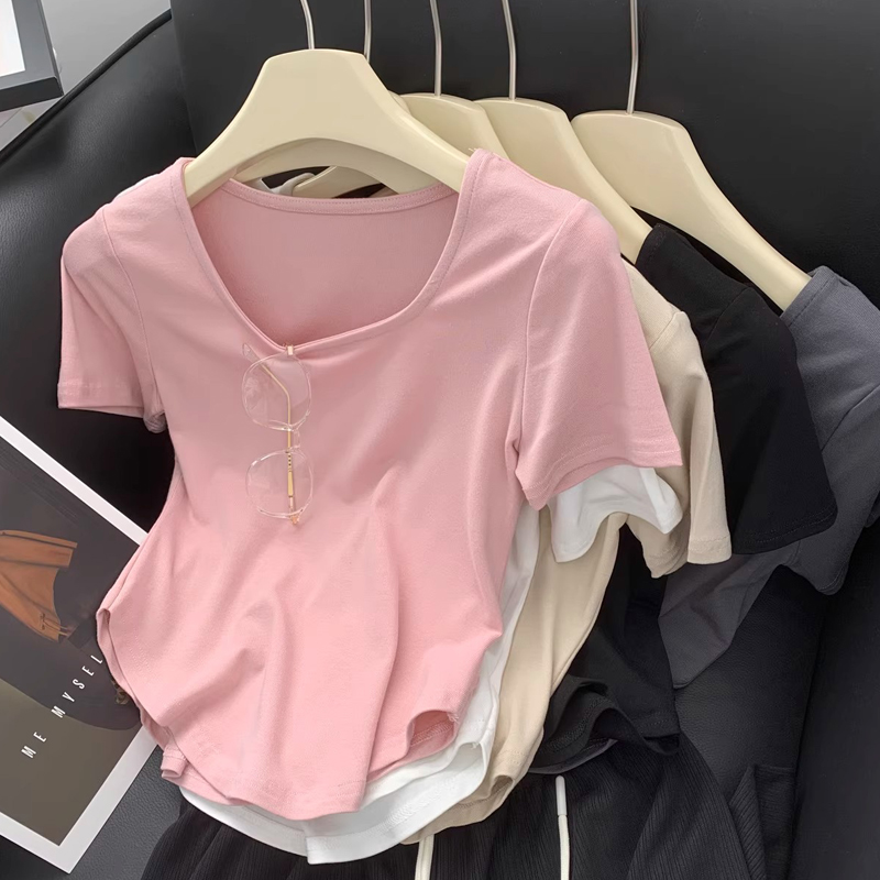 Plus Size 100.00kg Shoulder Short Sleeve T-Shirt Women's Summer 2024 New Design Sense Sexy Asymmetrical Curved Tops