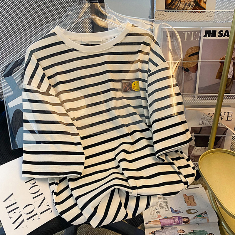 Recall Beauty Stripes Short Sleeve T-Shirt Women 2024 New Arrival K-style Plus Size 100.00kg Smiling Face Embroidery Loose Half-Sleeve Top