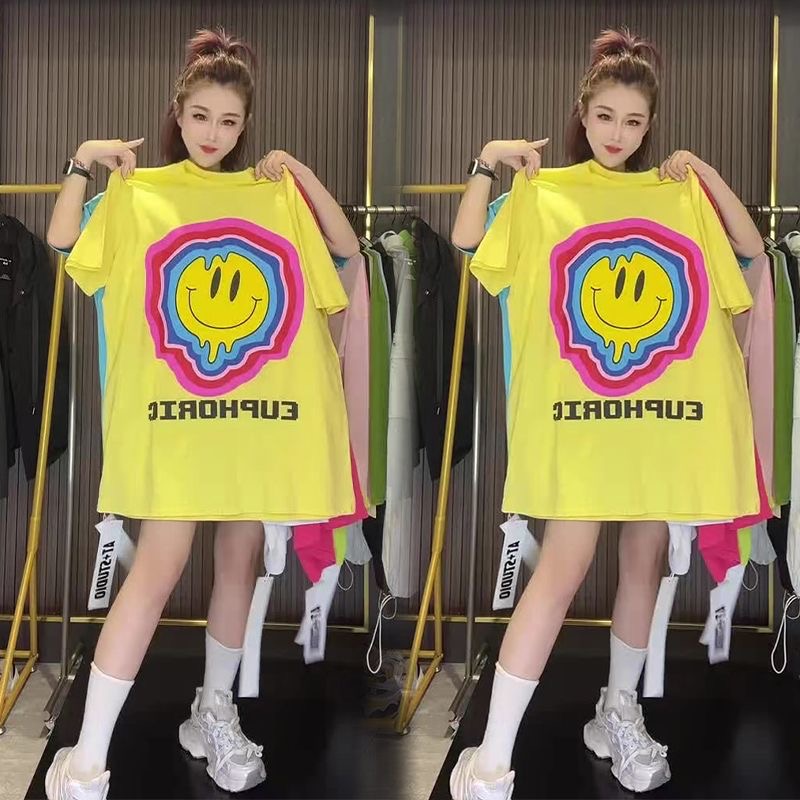 European Goods Plus Size Cartoon Print Casual All-Match T-shirt Short Sleeve Female 2024 Summer New Fashionable Anti-Aging Top Fashion