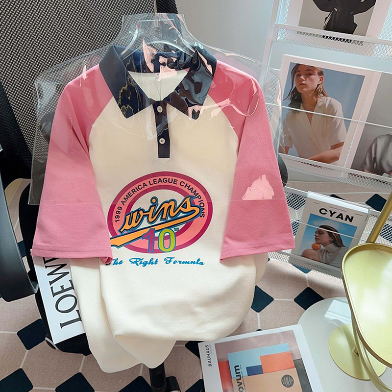 Summer Plus Size American Polo Shirt Color Matching Collar Short Sleeve T-shirt Women's Plus Size Ladies Loose Easiest for Match Design Blouse 100.00kg