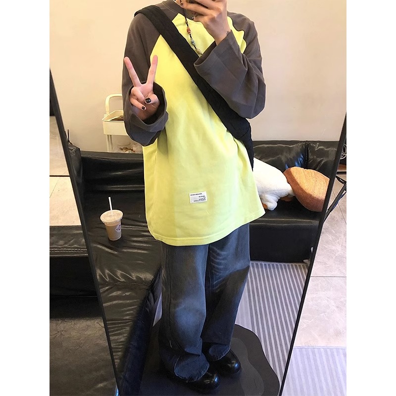 European Goods Retro Contrast Color Raglan Long Sleeves T-Shirt Female Autumn Winter Plus Size Loose Design Niche Style Base Tops