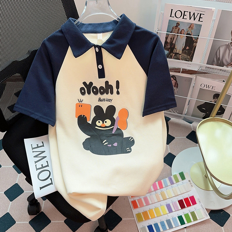 Plus Size Pure Cotton Contrast-Color Polo Collar Raglan Sleeve Short Sleeve T-shirt Female Summer Stylish Small Shoulder Half Sleeve Tops