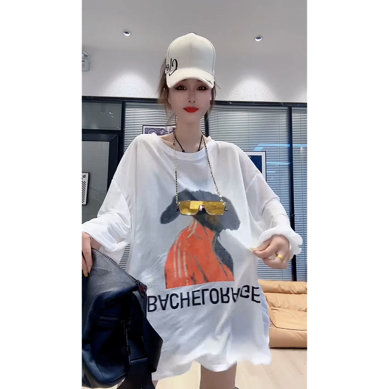 1.00 Kg-150.00 kg Plus Size Ladies Summer New Arrival Fashion Retro Cartoon Rabbit Print European Goods round Neck Long Sleeve Sunscreen Coat T-shirt