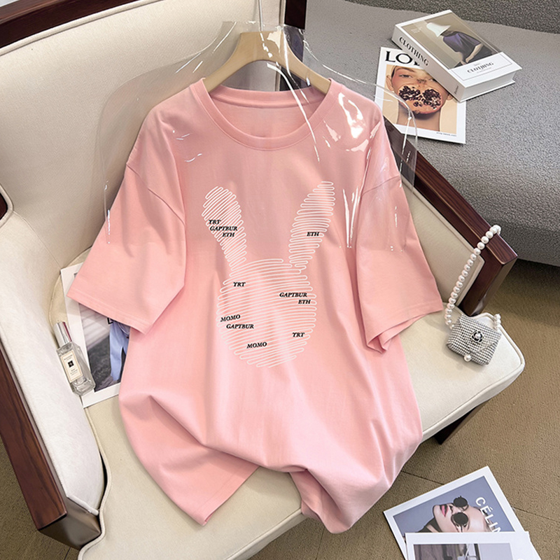 European Station Summer Plus Size Rabbit Print Pure Cotton Short Sleeve T-Shirt Female Loose BF Style Fat mm 100.00kg New Arrival Tops