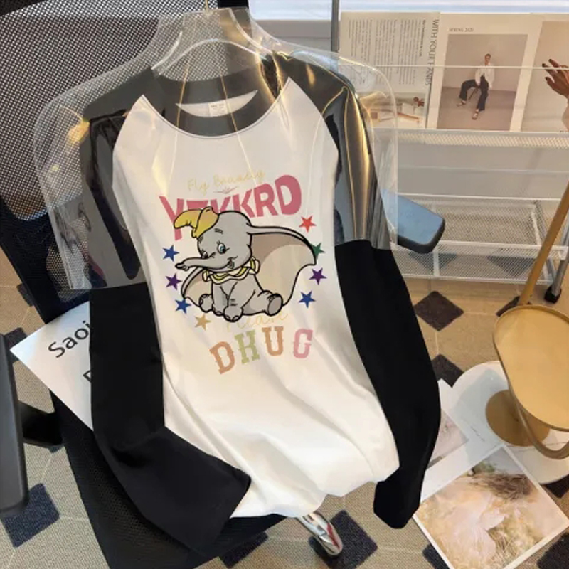 Fat Girl Pure Cotton Raglan Long Sleeves T-shirt Women's Bottoming Shirt 2024 Spring and Autumn New Arrival Casual Easiest for Match Cartoon Print Top