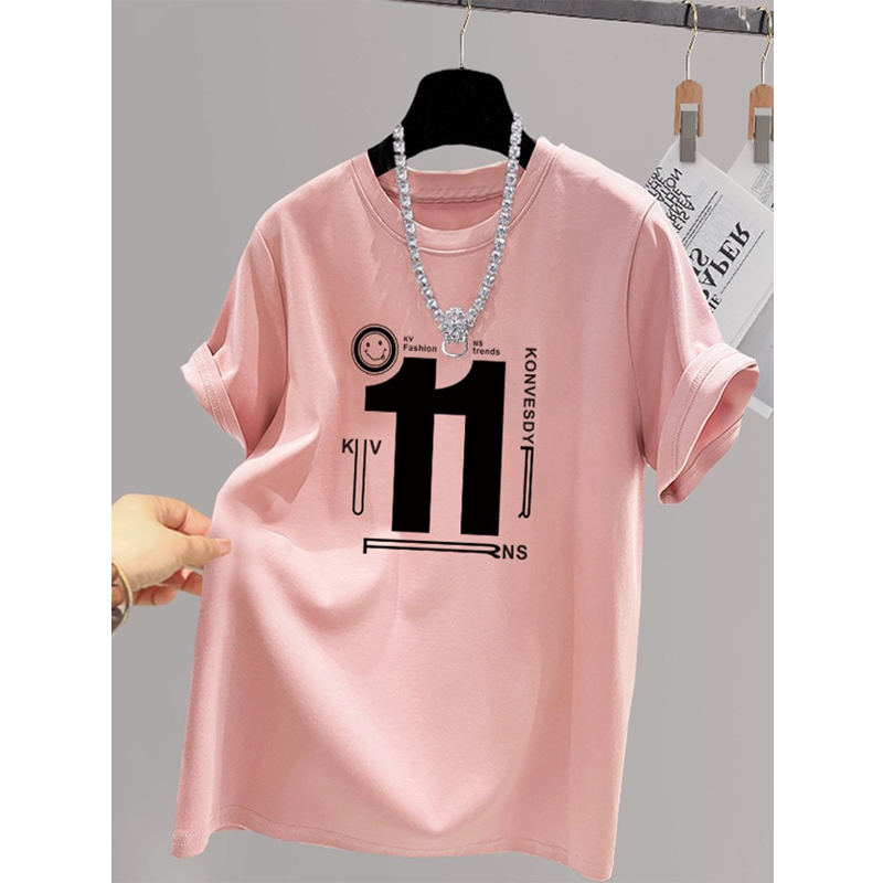2024 New Arrival Pure Cotton Pink Short Sleeve T-shirt Female Mid Length Long Length Loose Casual Plus Size Ladies Oversized Half-Sleeve Top Summer
