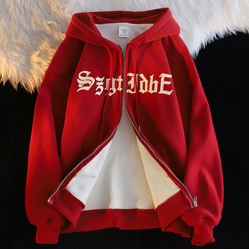 European Goods Plus Size Retro Design Hooded Sweatshirt Female Fall and Winter Fleece-lined Thickened Ins Trendy Loose Cardigan Coat
