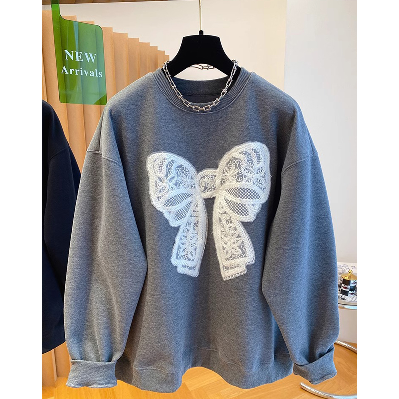 Fat Sister Plus Size K-style Gray Bows Sweatshirt Female Winter Fleece-lined Thickened Loose Western Style Pullover Crew Neck Top