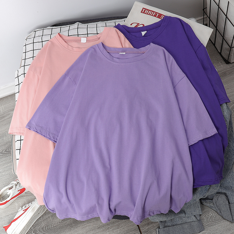 Oversized Cotton T-shirt Women's Ins Fashion Pure Color Loose K-style plus Size 150.00kg Plus Size Ladies Women's Summer Short Sleeve 100.00kg