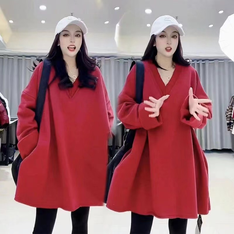 Extra Large 1.00 Kg-150.00 kg Chubby Girl Age-Reducing V-neck Thickened Hoodie Women European Goods Autumn and Winter Loose Slimming Fleece-lined Top Trendy