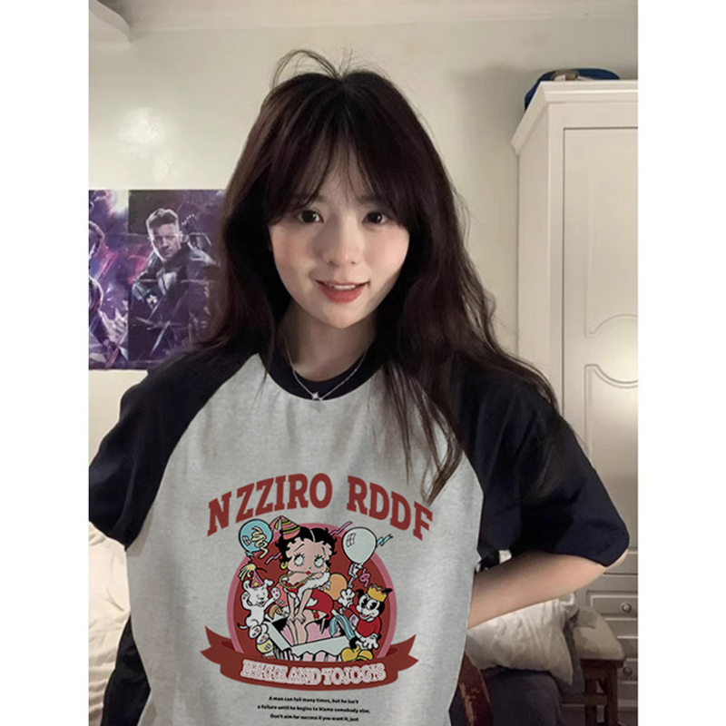 European Goods 100.00kg Plus Size Summer New Cartoon Print Loose Slim Looking Color-Block Raglan Sleeves Short-Sleeved T-shirt Women's Top