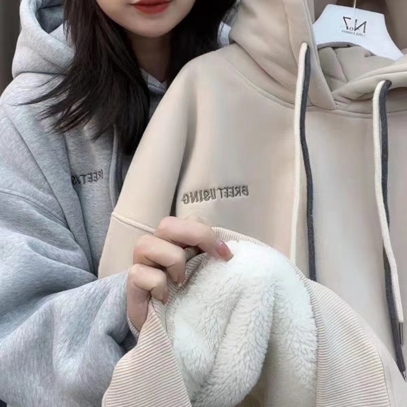 Extra Large 1.00 Kg-150.00 kg Fat Girl M European Goods Hood Fleece-lined Thickened Hoodie Women Winter New Alpaca Fleece/Fiber Outerwear Fashion