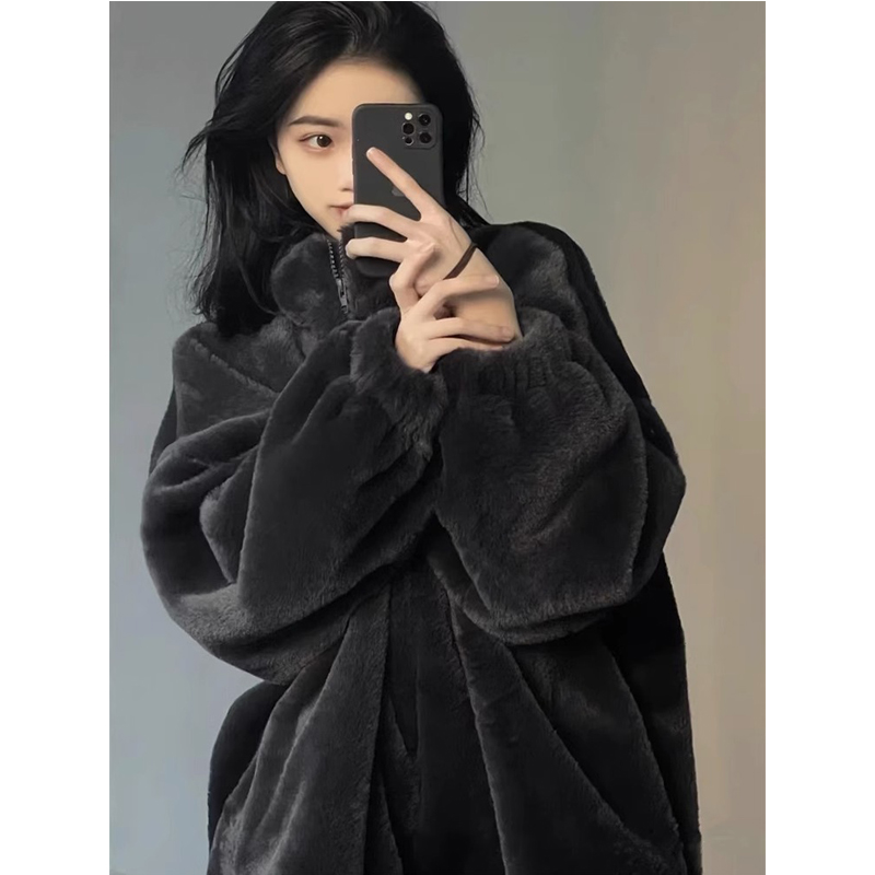 Fall and Winter New Arrival Winter Stand Collar Imitate Rex Rabbit Fur Outwear Female Mink Plush Loose Thick Lamb Wool Slimming Overcoat