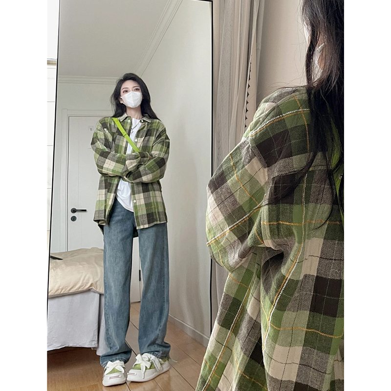 Early Autumn Thin Coat Green Gingham Shirt Women Denim Casual Slimming Shirt Cardigan Outerwear Retro Hong Kong Style Loose Tops
