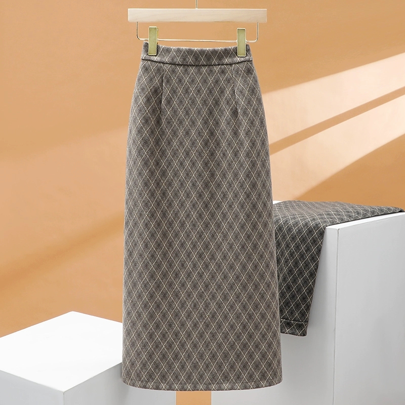 Chubby Girl Plus Size 150.00kg Autumn and Winter Thickening High Waist Temperament Midi Skirt Ins Retro Diamond Plaid Split Skirt