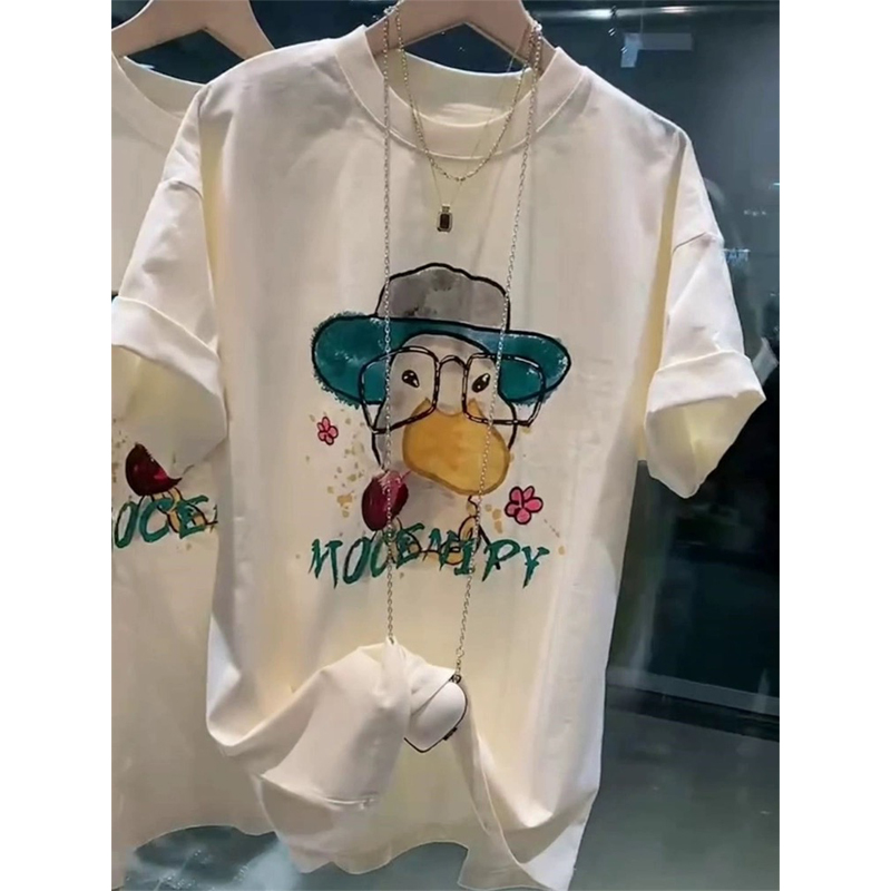 European Goods Plus Size Summer New Arrival Mid-Length Cotton K-style Easiest for Match Female Loose T-Shirt Cartoon Print Couple Short Sleeve
