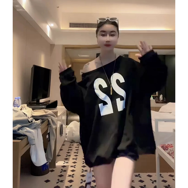 Ins plus Size 1.00 Kg-150.00 kg Plus Size Ladies Print Letters and Numbers Slant Shoulder Lazy Casual off Shoulder Long Sleeves Sweatshirt