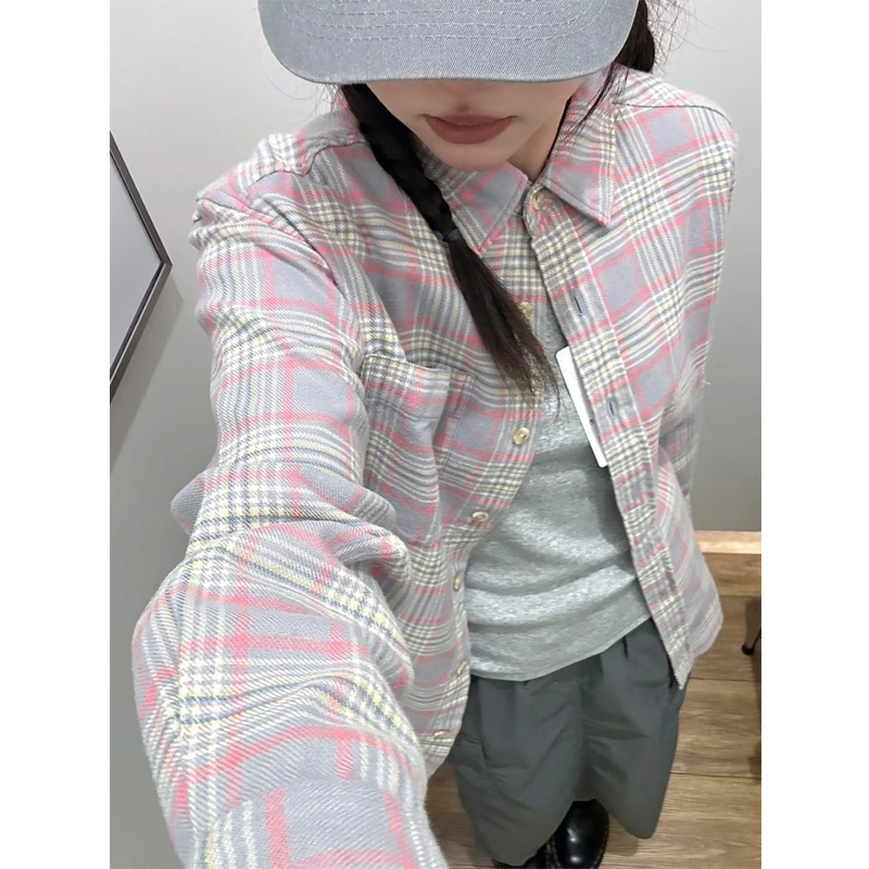 Plus Size American Pink Gingham Partysu Shirt Women's Hong Kong Style Loose Casual Shirt Long Sleeves outside Cardigan Outwear Tide
