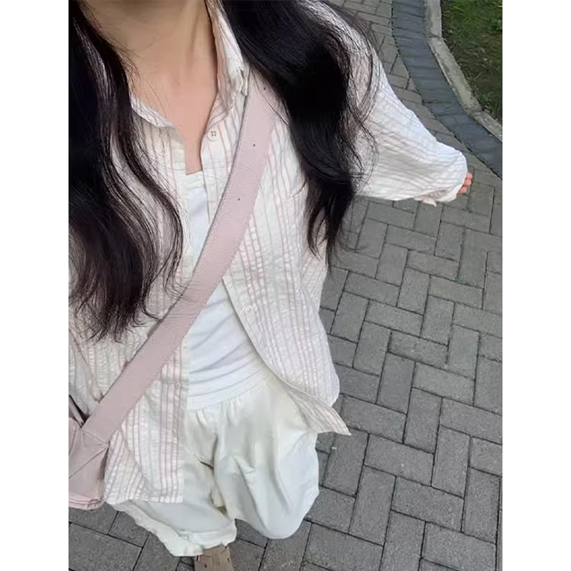Plus Size Long Sleeves New Arrival Shirt Stripes Outwear Summer Cardigan Shirt Tops Lazy K-style Loose Sun Protection Thin