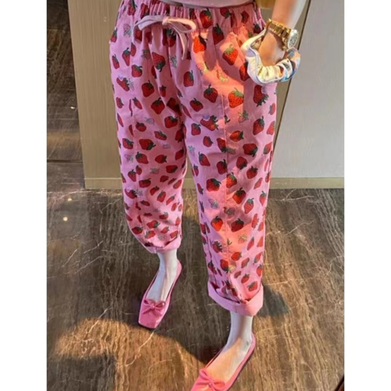 Chubby Girl Plus Size 1.00 Kg-150.00 kg K-style Strawberry Casual Pants Female Pink Colorful Pants Casual Straight-Leg Loose Loose Pants