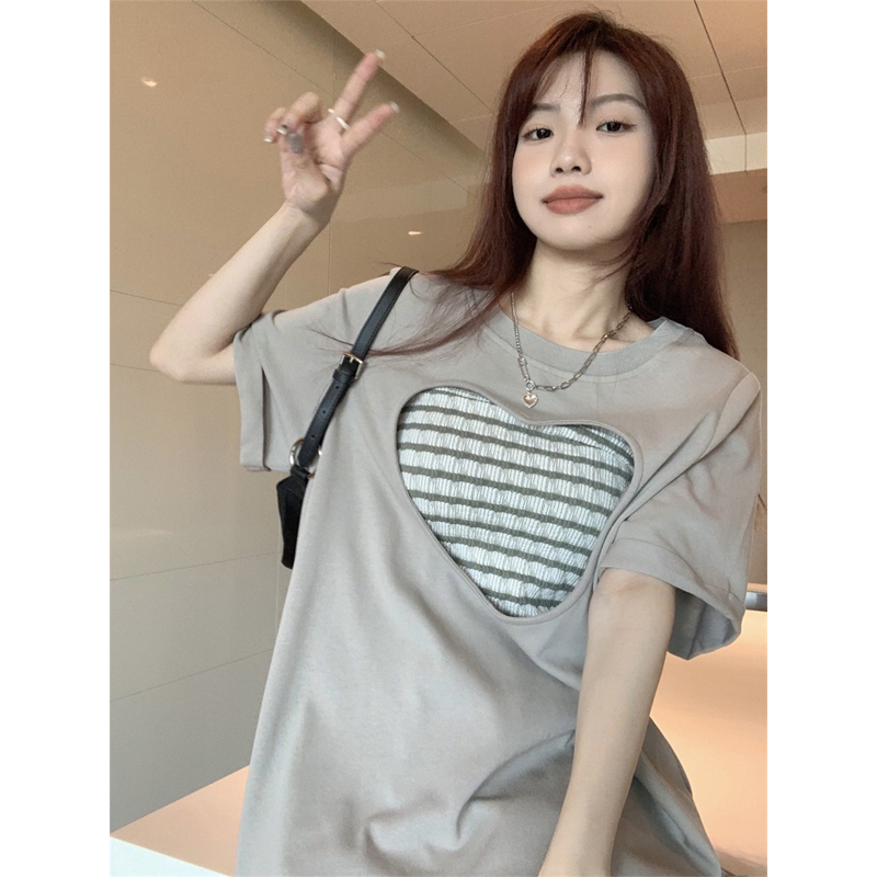 Pure Cotton Plus Size Hollowed Heart Shape Mid Length Long Length T-Shirt Women's Summer Loose Slim Looking Short Sleeve Stylish Hip-Covering Tops