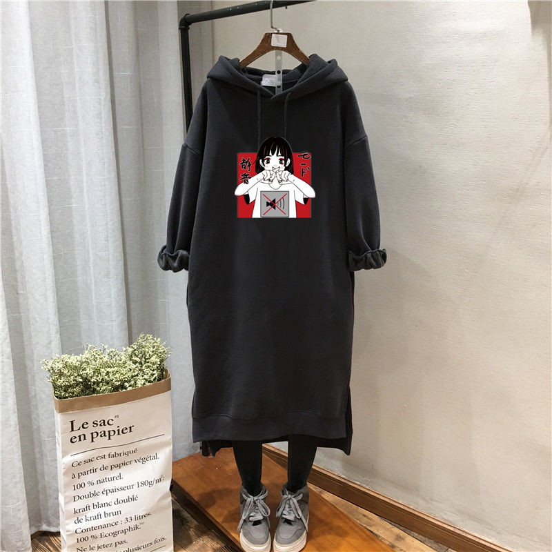 Extra Large 120.00kg Chubby Girl Fleece-lined Thickness Hoodie Women Autumn and Winter Loose Slimming Long over the Knee Dress 100.00kg