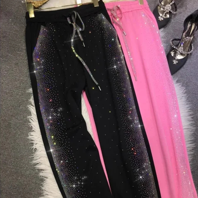 Super Plus size 1.00 Kg-150.00 kg Chubby Girl Heavy Industry Hot Drilling Wide-Leg Pants Women Slimming Black Drape Straight All-Match Long Pants