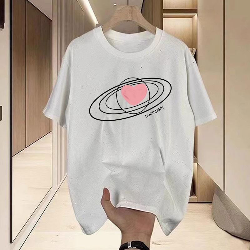 Extra Large Size 1.00 Kg-150.00 kg 2024 Summer New Arrival Heart Printing Casual Pure Cotton All-Matching Pullover round Neck Short Sleeve T-shirt
