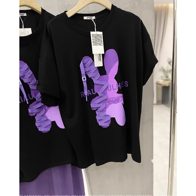 Summer Plus Size 1.00 Kg-150.00 kg Younger Cartoon Rabbit Mid Length Long Length Short-Sleeved T-shirt Female Chubby Girl Stylish Niche Top