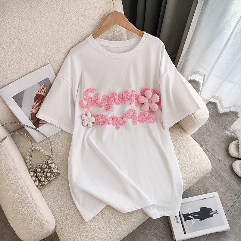 Pure Cotton Plus Size 1.00 Kg-150.00 kg Women's T-shirt 2024 Summer New Arrival Loose Three-Dimensional Small Flower Embroider Short Sleeve Tops