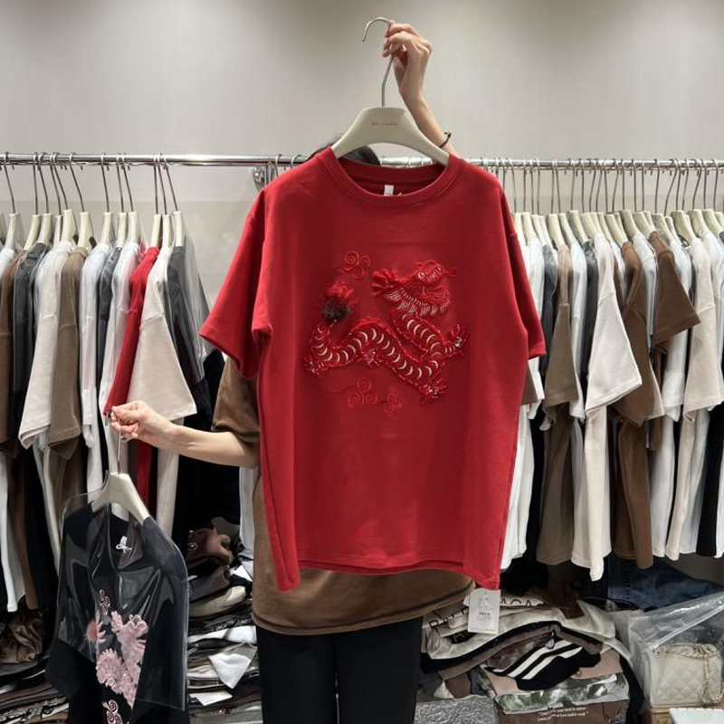 Plus Size Fall and Winter Padded Short Sleeve T-shirt Female New Arrival Machine Embroidery Original Dragon Year Chinese Fad Mid Length Long Length Half Sleeve Tops