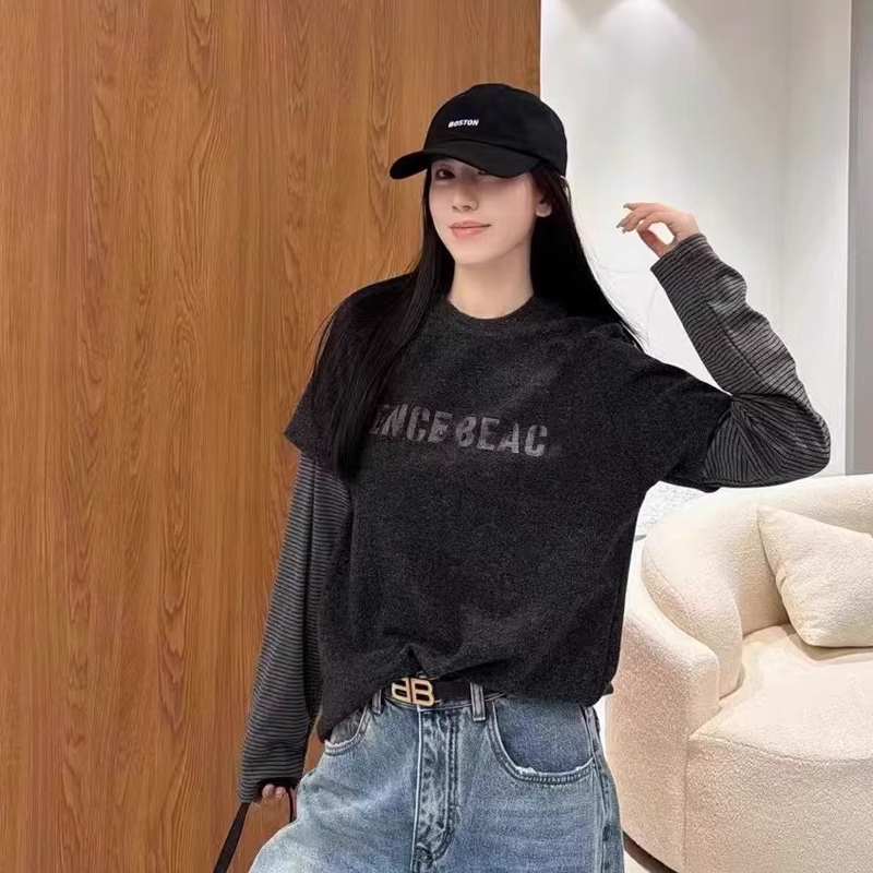 Plus Size Patchwork Stripes Sleeve Fake Two-Piece Long Sleeves T-shirt Female European Station 2024 Fall and Winter New Arrival Letter Printed Bottoming Shirt
