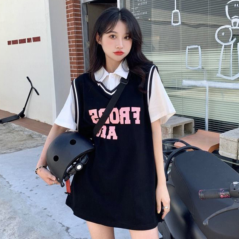 Plus Size Ladies 1.00 Kg-150.00 kg Loose Fake Two Pieces Short Sleeve T-Shirt Young Adult Summer Polo Collar BF Wind Sports Basketball Wear Tops Tide