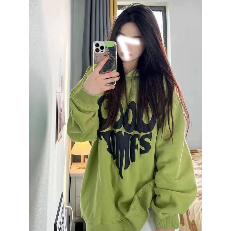 American Retro Hooded Sweatshirt Female Loose New Trendy Oversize Green Spring & Fall Idle Style Fleece Padded Coat