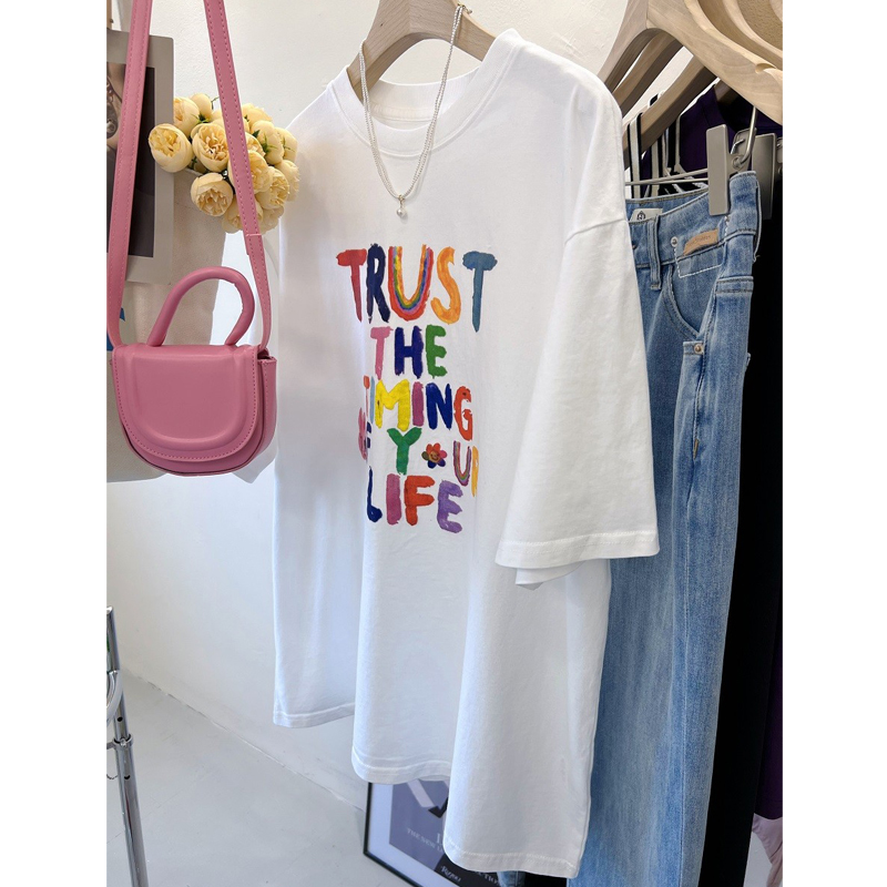 Plus Size Ladies Pure Cotton Plus Size 150.00kg Short Sleeve T-Shirt Women's Summer K-style Loose Cartoon Print Color Letters Figure Flattering Tops
