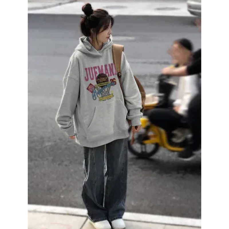 Plus Size Ladies Fall and Winter Plus Size 100.00kg Thin Hoodie Female Loose Korean Style Lazy Style Print Padded Top Tide