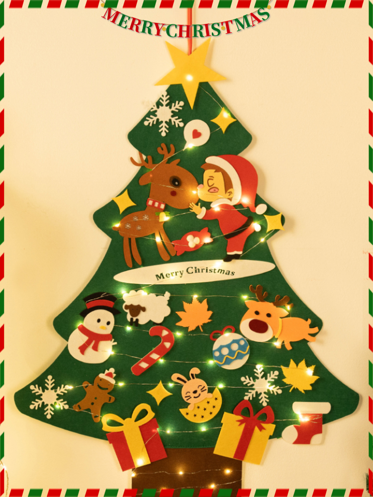 Christmas Decorations Wall-Mounted Felt Christmas Tree Set For Home Kids Homemade Toys Photo Props with Lights