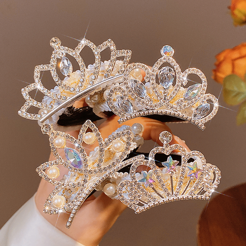 Kids Rhinestone Pearl Crown Bun Handy Gadget Updo Hair Clip Hair Band Barrettes Princess Hairstyle Little Girl Hair Accessories