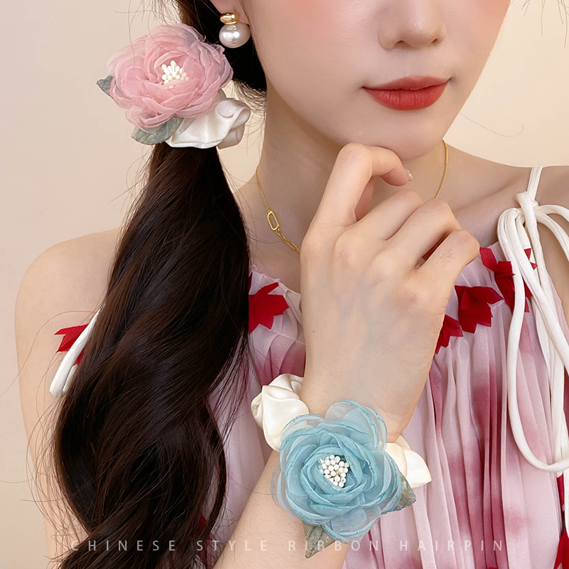 French Style More than Camellia Large Intestine Hair Band Female 2024 New Arrival Fancy Headband Gentle Elegant Elastic Band Hair Rope Headdress