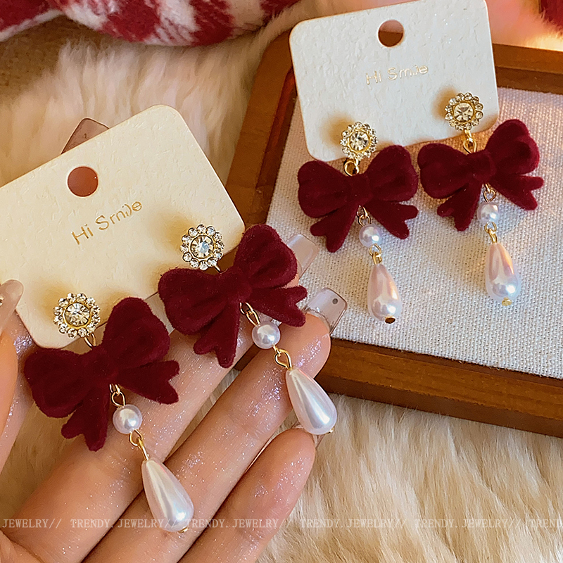 Red Bows Tassel Stud Earrings Female 2024 New Arrival Earrings Accessible Luxury Fancy Bridal Wedding Evening Gown Earrings