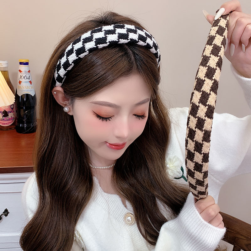 Black Houndstooth Headband Female Wide-Brimmed Sponge High Skull Top Hair Pressing Hairpin 2023 New Arrival Autumn Headband Hair Accessories
