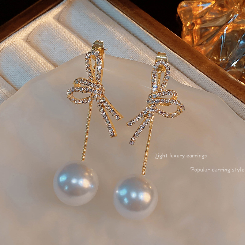 French Entry Lux Graceful Bow Earrings Female 2024 New Arrival Fancy Long Fringed Pearl Ear Studs Earrings