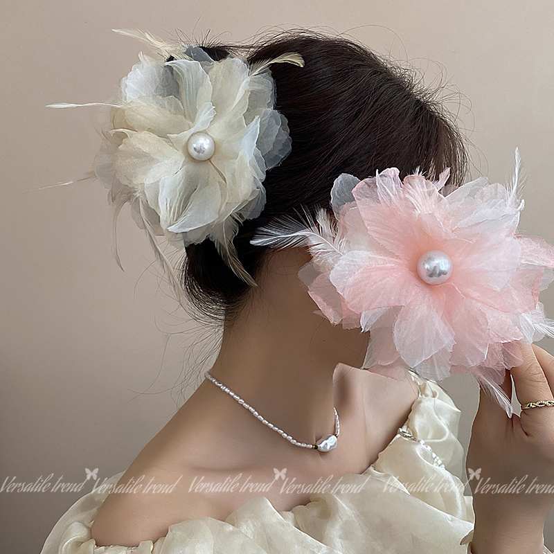 Super Fairy Mesh Feather Flower Grip Women's Fancy Shark Clip Large Back Head Updo Hair Clip Hair Accessories Headdress
