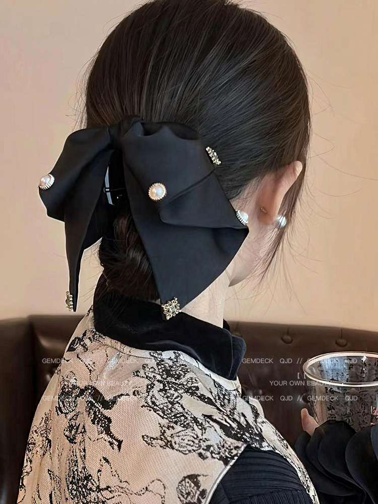 Vintage Satin Pearl Bow Claw Clip Women's Fancy Elegant Low Ponytail Clip Back Head Clip Hair Accessories Barrettes