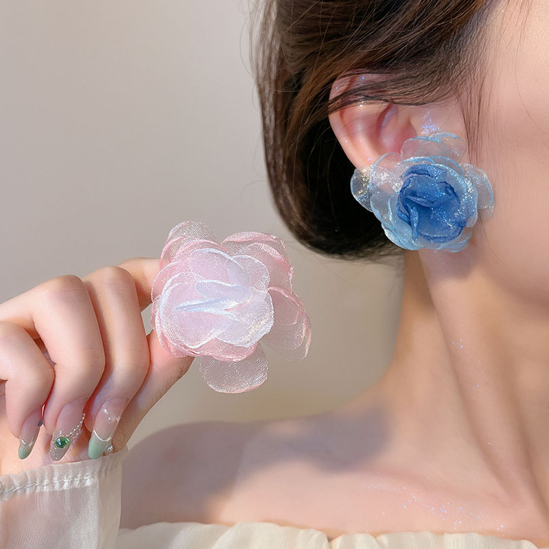Mori Fairy Beautiful Net Yarn Flowers Earrings Female Special-Interest Design Fancy Earrings 2023 New Arrival Tide Graceful Earrings