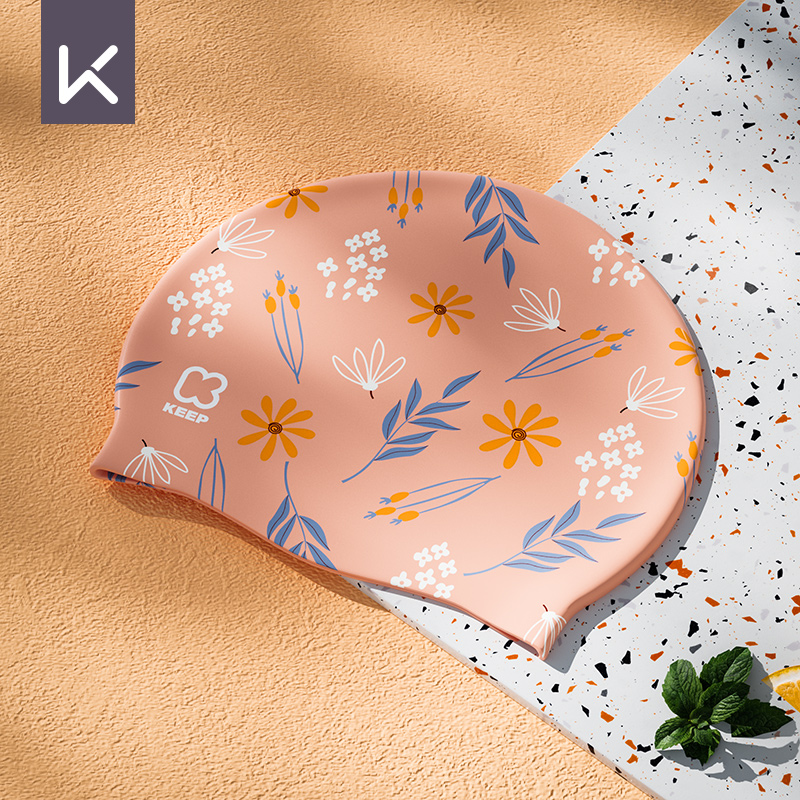 Keep Swimming Cap Female Silicone Waterproof Not Squeezing Head Fashion Printed Swimming Cap Plaid Long Hair plus Size No. Ear-Protecting Swimming Cap